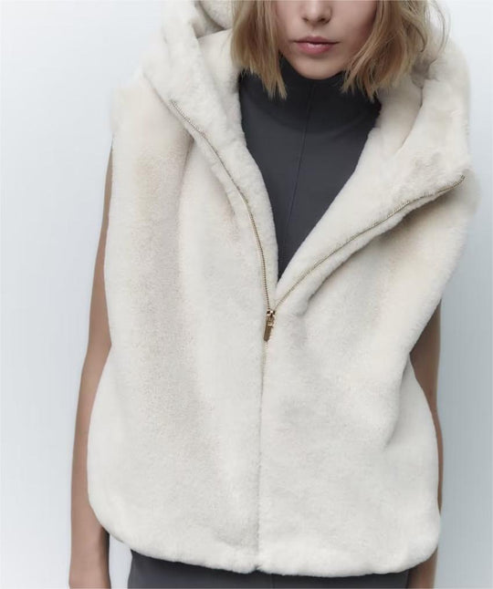 Fall Casual Hooded Artificial Fur Sleeveless Coat Women