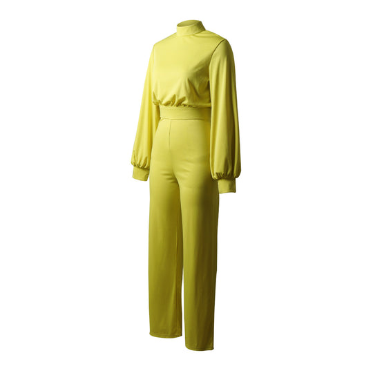 Solid Color Turtleneck Backless Long Sleeves Casual One piece Trousers