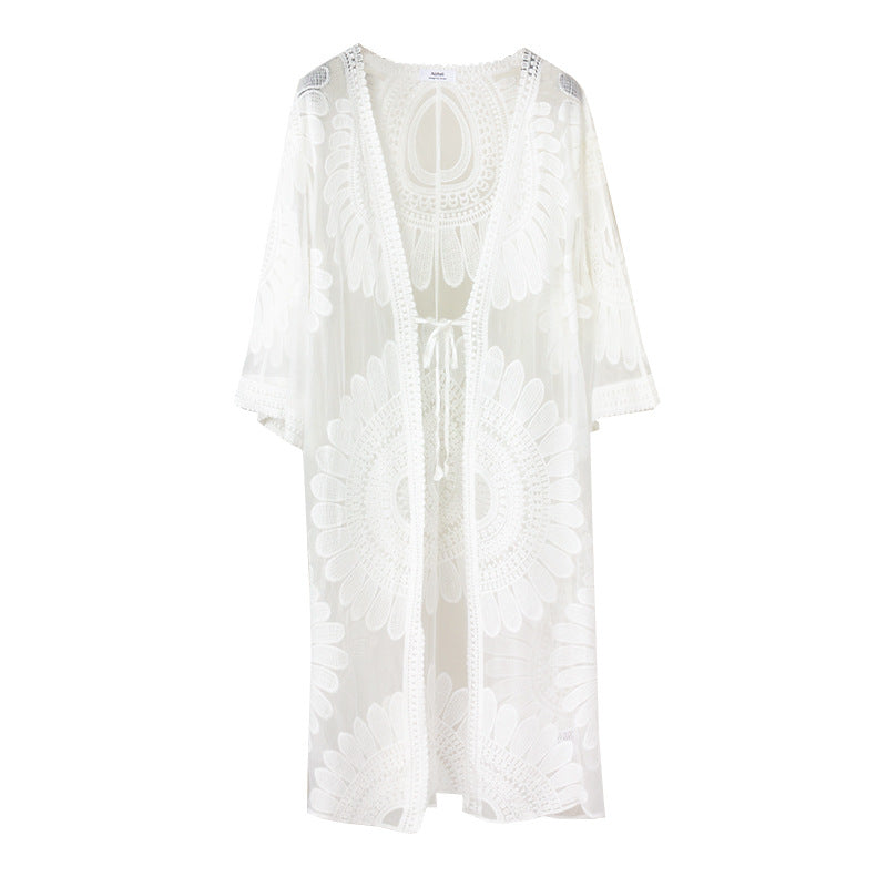 SUNFLOWER Lace Embroidered Beach Cover Up Vacation Sun Protection Cardigan