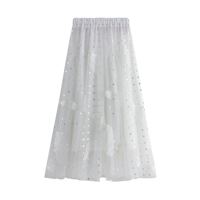 Feather Embroidery Mesh Skirt Women Spring Sweet Fairy Dress High Waist Bubble Skirt