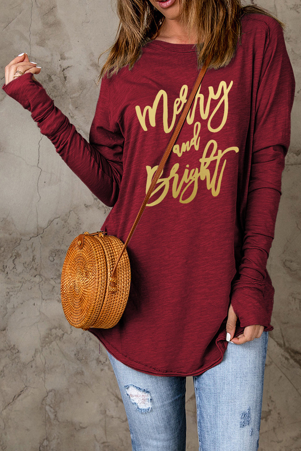 Red Merry and Bright Thumb Hole Long Sleeve Graphic T Shirt