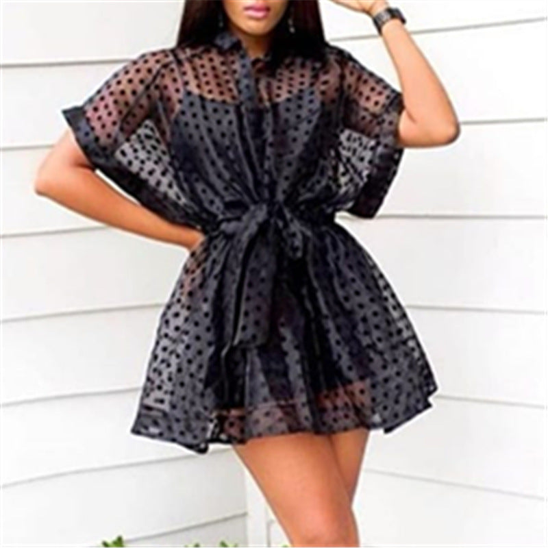 See through Sexy Organza Blouse Lining Two Piece Sling Casual Dress Women Two Piece Set