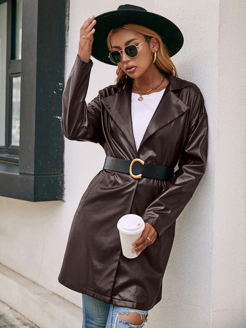 Lapel Collar PU Leather Trench Coat