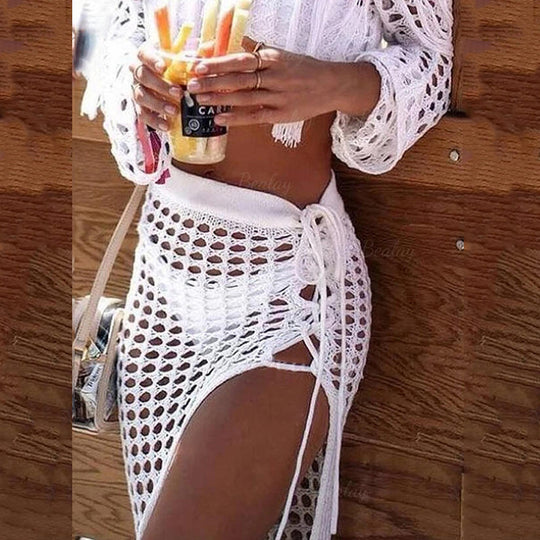 Fashionable Knitted Hollow Out Cutout Tassel Split Blouse Seaside Casual Vacation Beach Dress Crochet