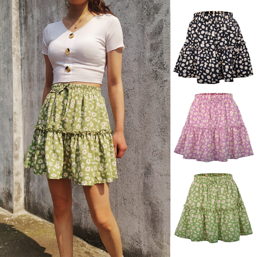 Ladies Floral Skirt Little Daisy Printed Pleated Skirt for Women
