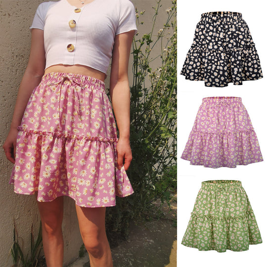 Ladies Floral Skirt Little Daisy Printed Pleated Skirt for Women