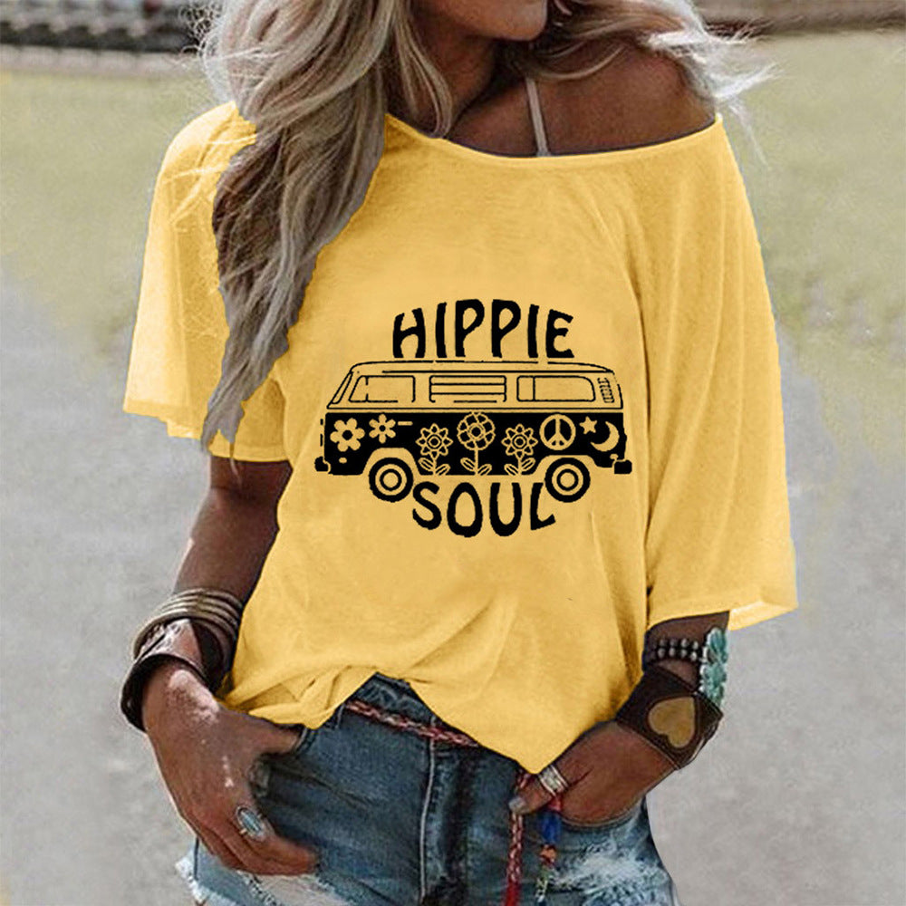 Spring Summer Women Round Neck Loose Casual T Shirt Printing Tops