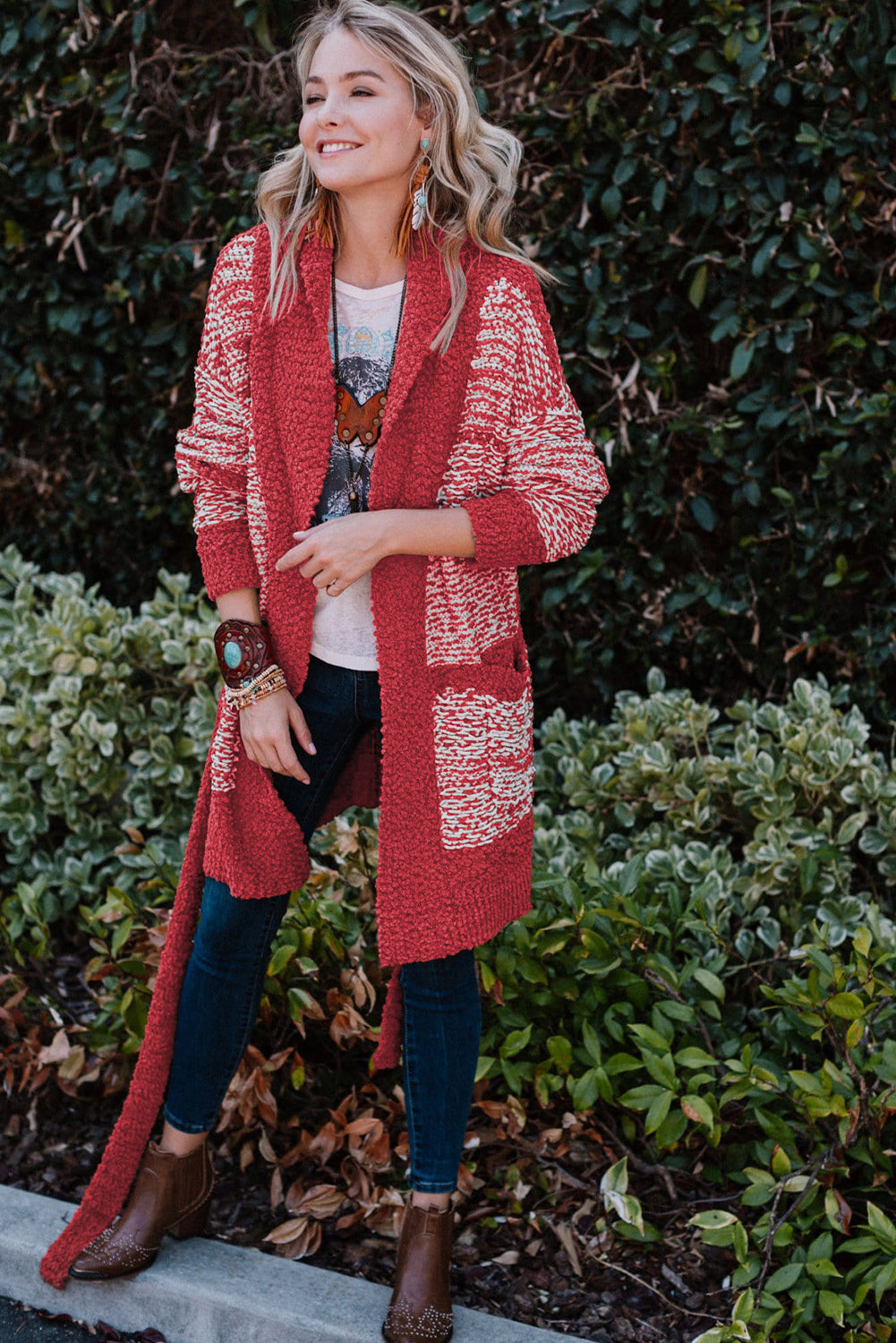 Red Contrast Trim Open Front Belted Long Cardigan