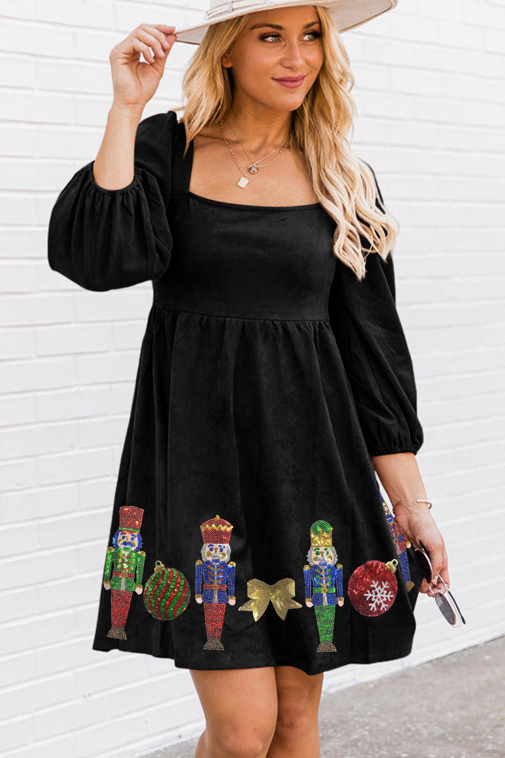 Black Sequins Christmas Nutcracker Graphic Mini Dress