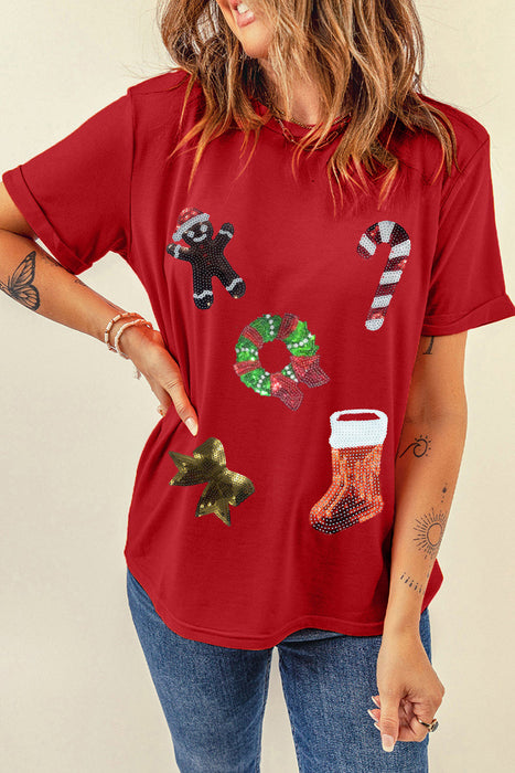 Red Christmas Pattern Sequin Crew Neck Graphic Tee
