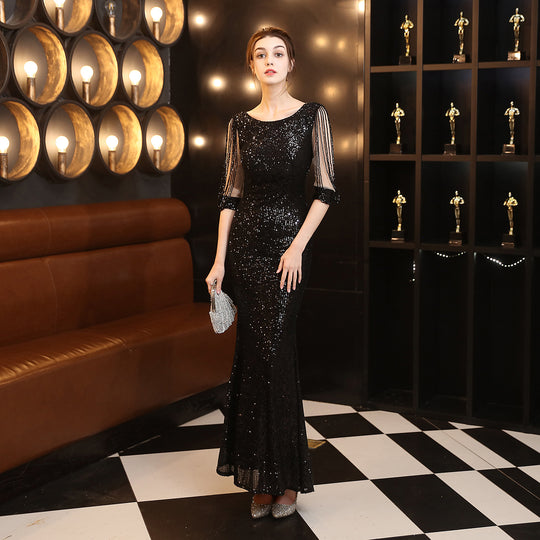 Banquet Elegant Long Long Sleeve Sequined Atmosphere Queen Fishtail Evening Dress Formal Gown