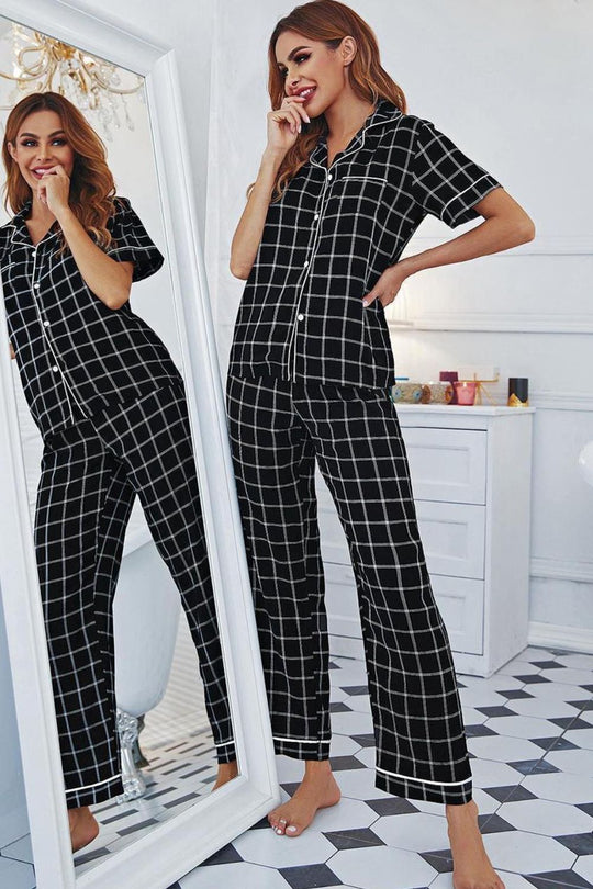 Grid Lapel Collar Short Sleeve Top and Pants Pajama Set