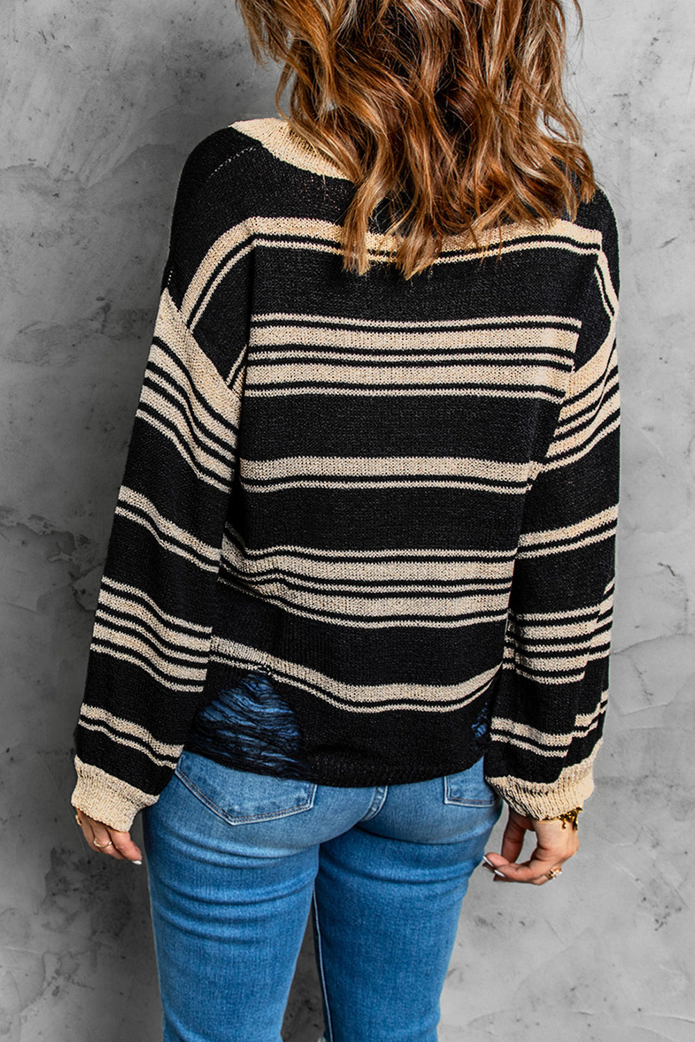 Striped Round Neck Distressed Sweater