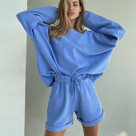 Long Sleeve Round Neck Top Baggy Shorts Two-piece Casual Set Sweatshirts