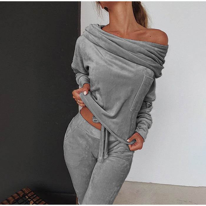 Solid Color Casual Set Off-shoulder Bow Slim Fit Homewear Suits Loungewear