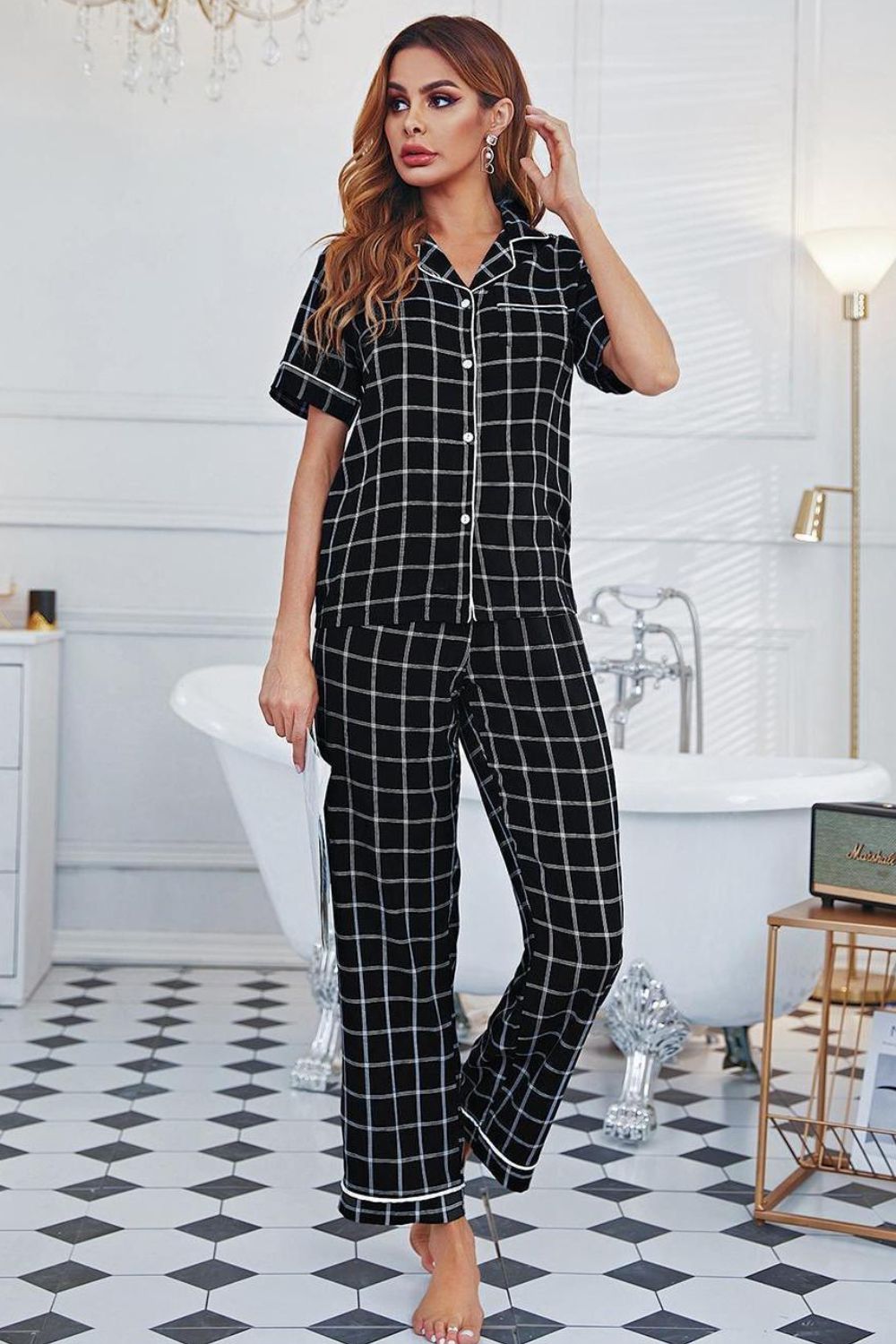 Grid Lapel Collar Short Sleeve Top and Pants Pajama Set