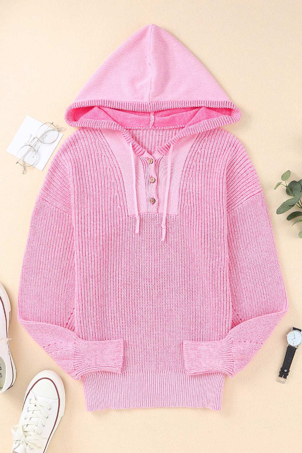 Quarter-Button Drawstring Hooded Sweater