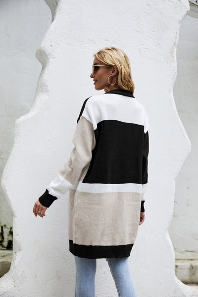 Color Block Ribbed Trim Open Front Cardigan