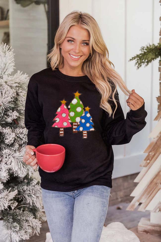 Black Christmas Tree Graphic Crew Neck Sweatshirt