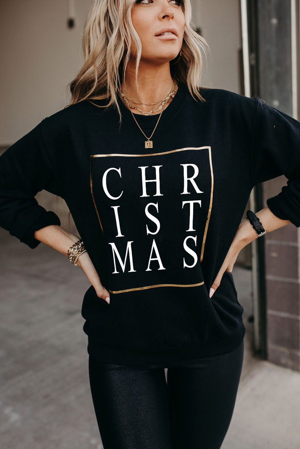 Black CHRISTMAS Glitter Print Crew Neck Graphic Sweatshirt