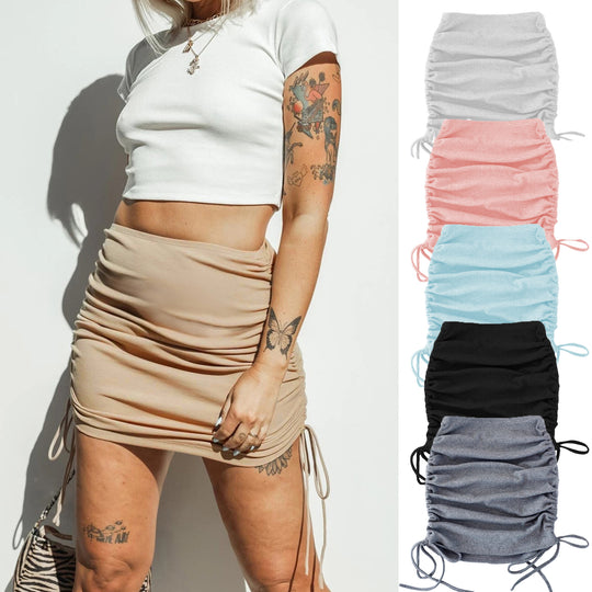 Knitted Threaded Side Drawstring Elastic Pleated Skirt Sexy Slim Adjustable Hip Skirt
