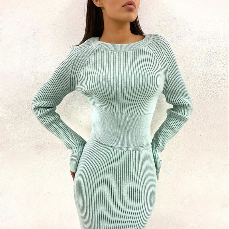 Autumn Winter Casual Slim Irregular Asymmetric Solid Color Knitted Coat Skirt Tw piece Set Sweater Suit