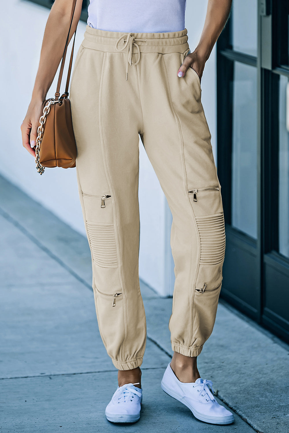 Drawstring Waist Zip Detail Joggers with Pockets