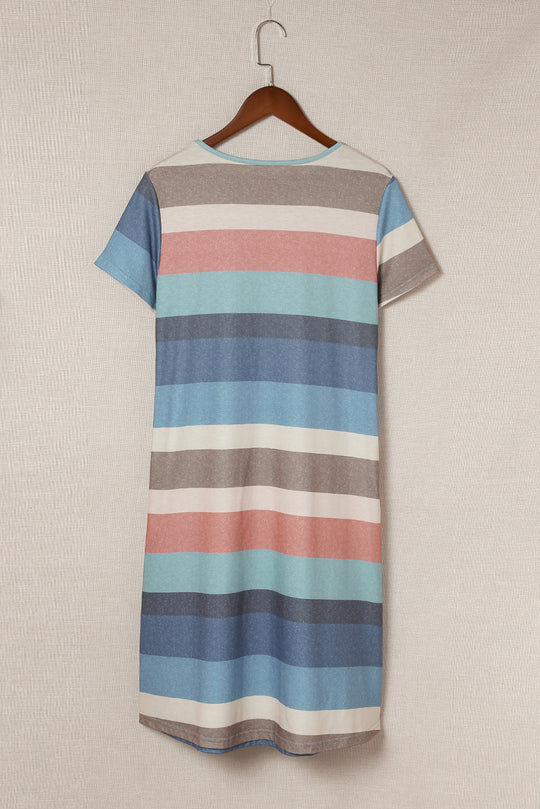 Striped Round Neck Tee Dress with Pockets