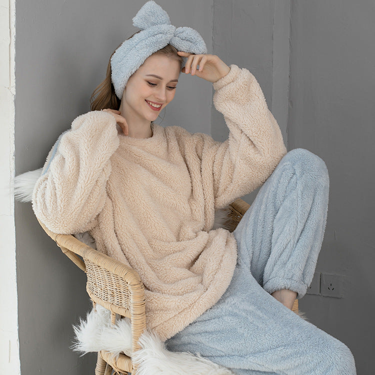 Coral Velvet Pajamas Autumn Winter Plus Size Thickened Fleece-Lined Loungewear Long-Sleeved Women Flannel Pajamas