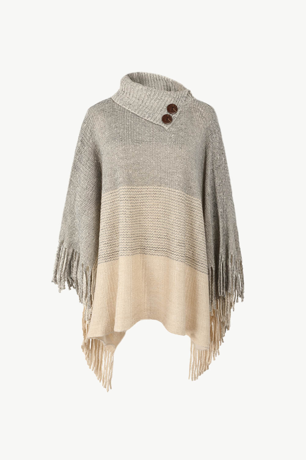 Color Block Button Detail Fringed Tunic Poncho