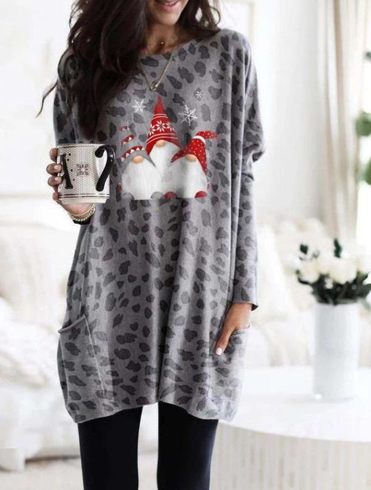 Autumn Winter Long Sleeve Pocket Leopard Print Christmas Print Dress