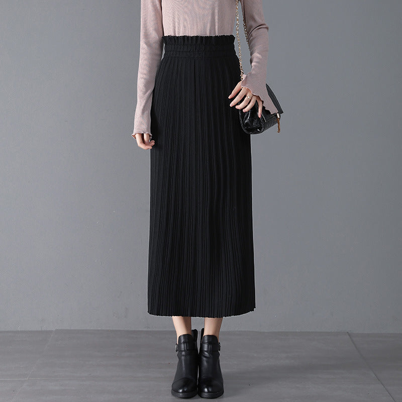 Knitted Skirt Mid-Length Autumn Winter Pleated Skirt High Waist Hip Skirt Straight Skirt Winter Skirt Women Skirt