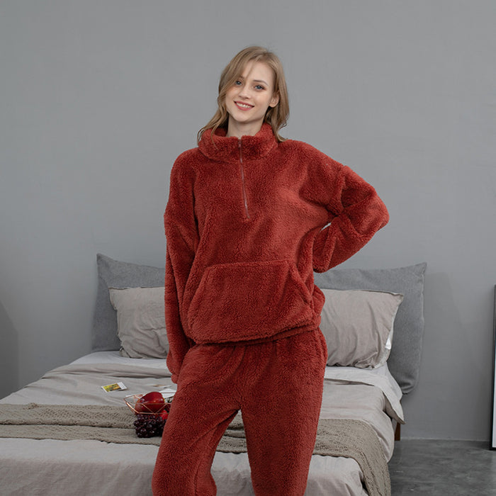 Flannel Pajamas for Women Autumn Winter Solid Color Couple Homewear Pullover Thickened Pajama Pants Coral Velvet Pajamas