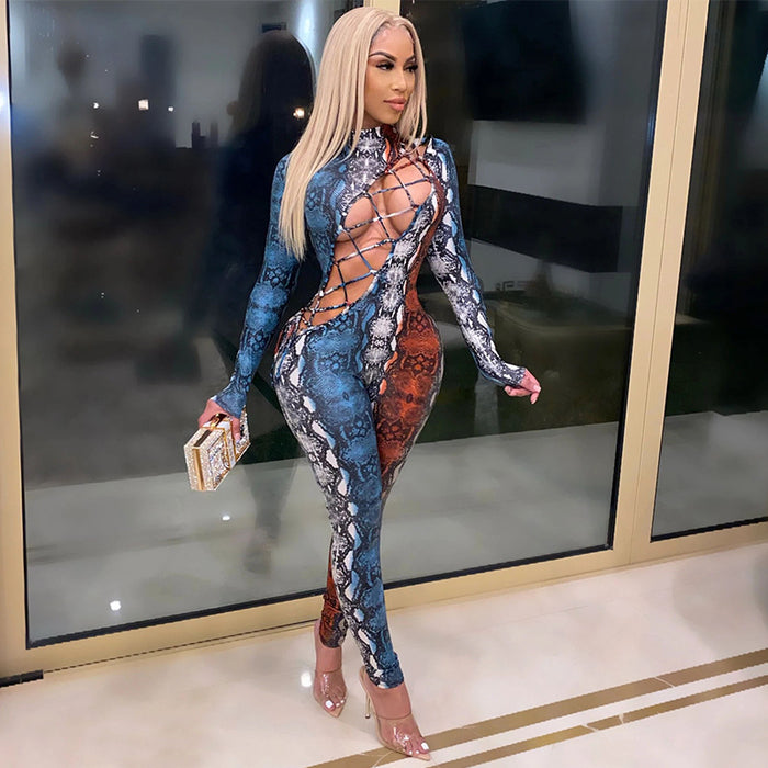 Women Clothing Snake Print Printed Sexy Hollow Out Cutout Out Strap Long Sleeve Jumpsuit