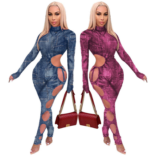 Women Wear Sexy Imitation Denim Printing Unilateral Hollow Out Cutout out Strap Nightclub Casual Jumpsuit