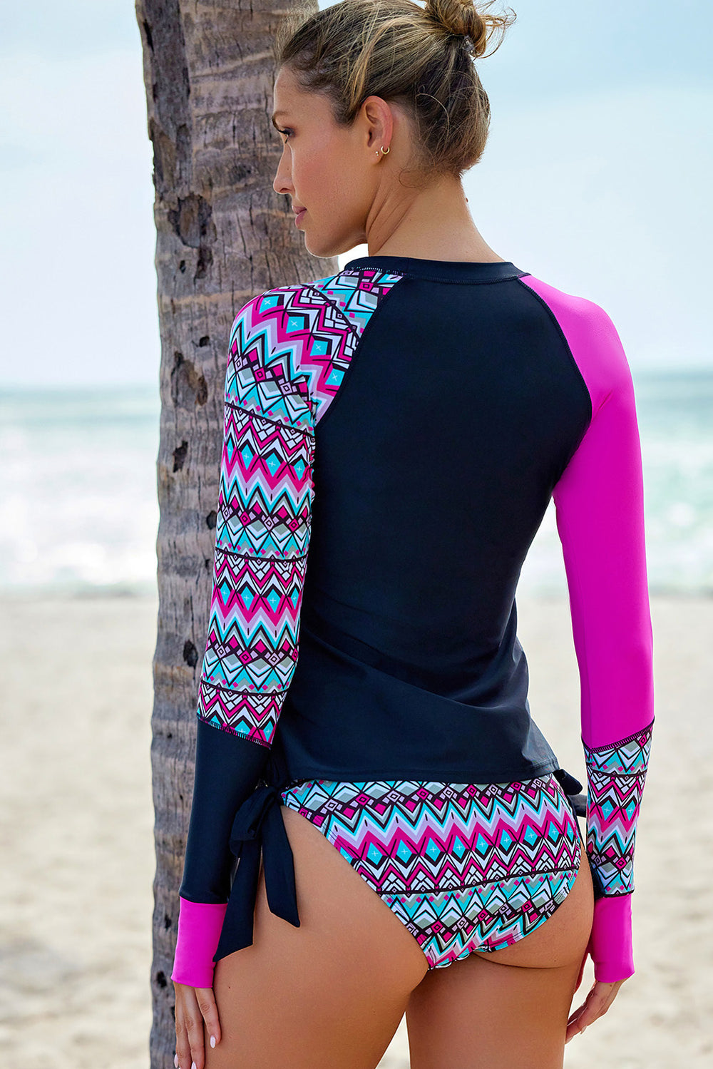 Color Block Long Sleeve Two-Piece Swimsuit