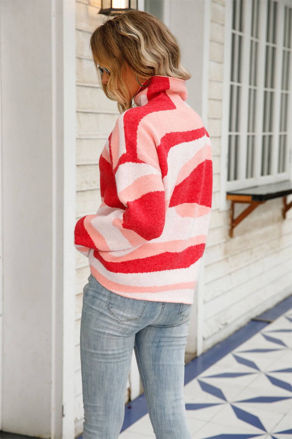 Abstract High Neck Dropped Shoulder Sweater