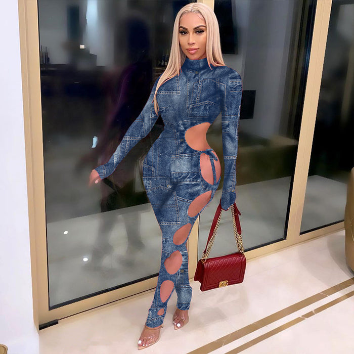 Women Wear Sexy Imitation Denim Printing Unilateral Hollow Out Cutout out Strap Nightclub Casual Jumpsuit