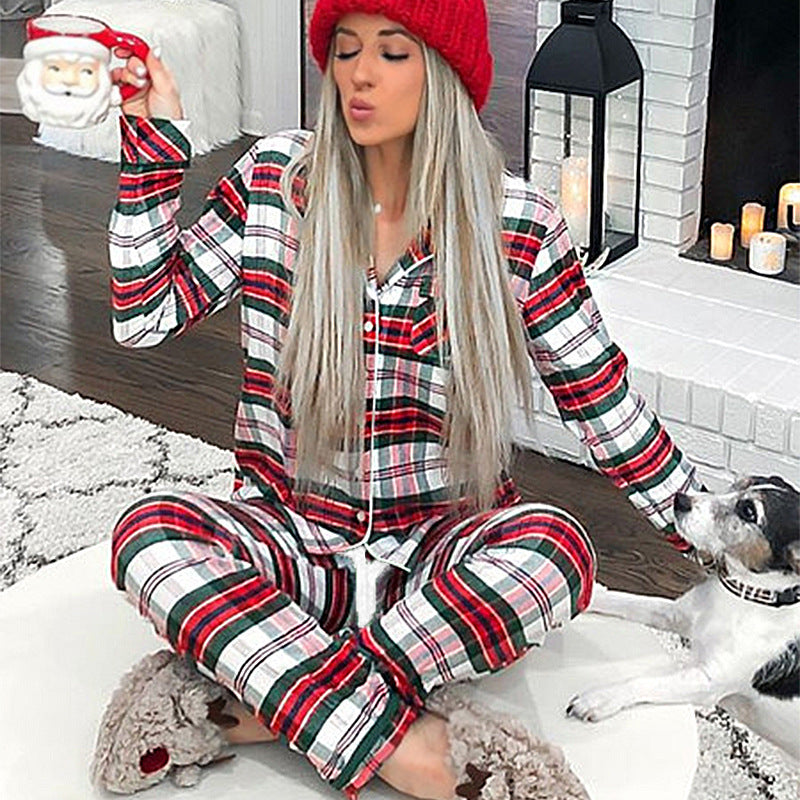 Popular Women Clothing Christmas Striped Printed Long Sleeves Pajamas Home Wear Casual Suit