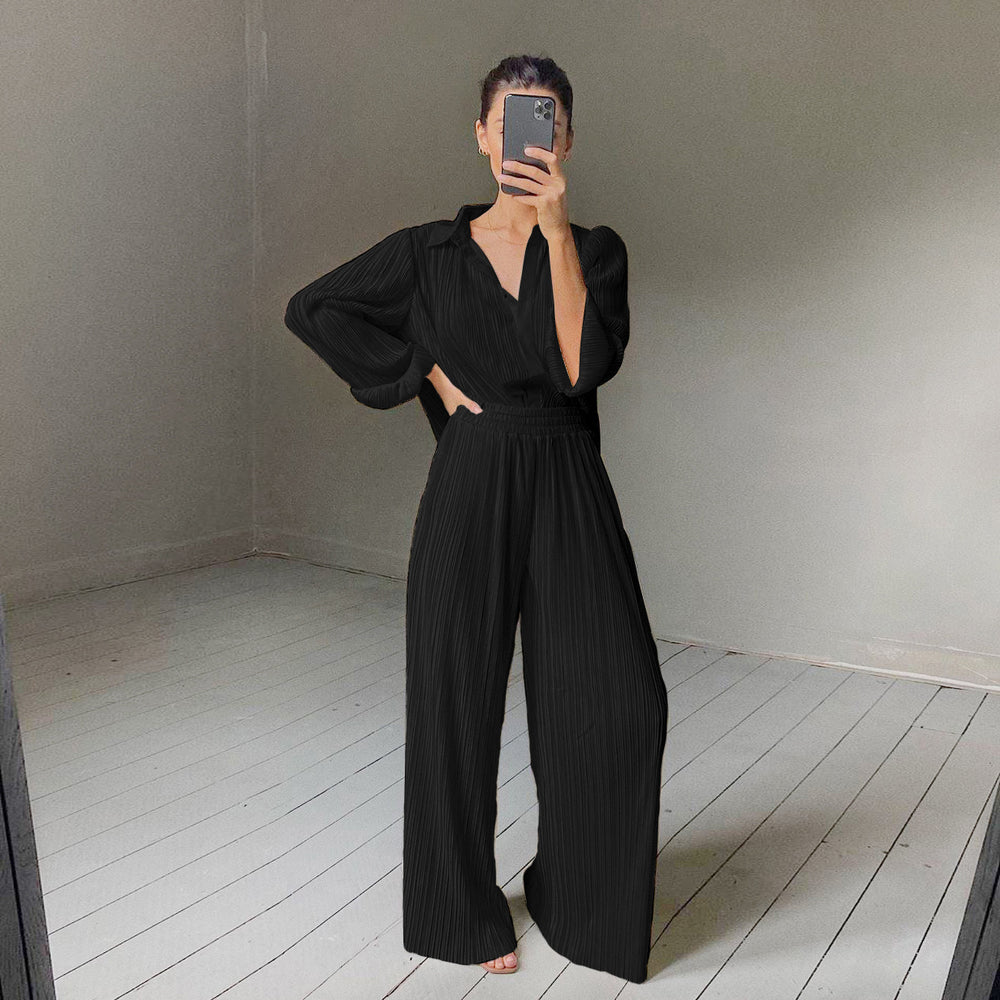 Long Sleeve Collared Pleated Shirt Women Wide Leg Mop Drape Pleated Trousers Suit Solid Color textured