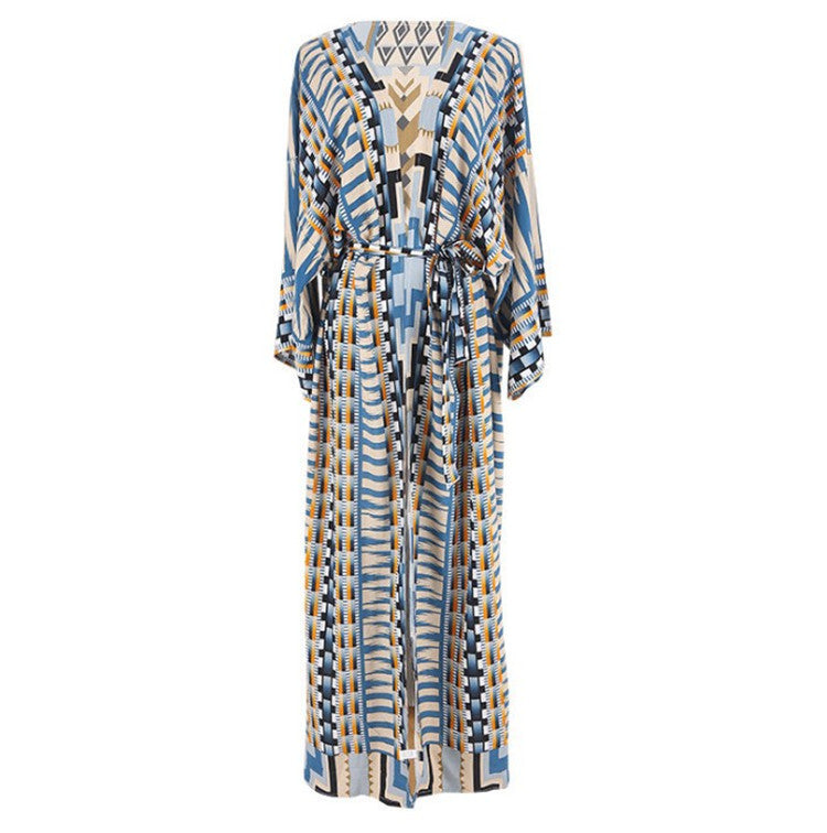 Rayon Positioning Printed Sexy Cardigan with Belt Beach Cover-up Vacation Skirt Beach Cover Up