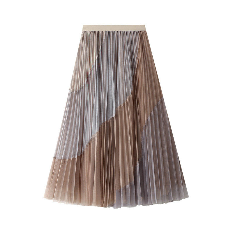 Stitching Pleated Mesh Skirt Stretch Elastic Waistband Slimming Mid-Length A- line Large Hem Skirt Winter