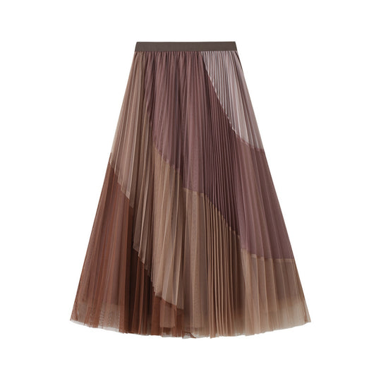 Stitching Pleated Mesh Skirt Stretch Elastic Waistband Slimming Mid-Length A- line Large Hem Skirt Winter