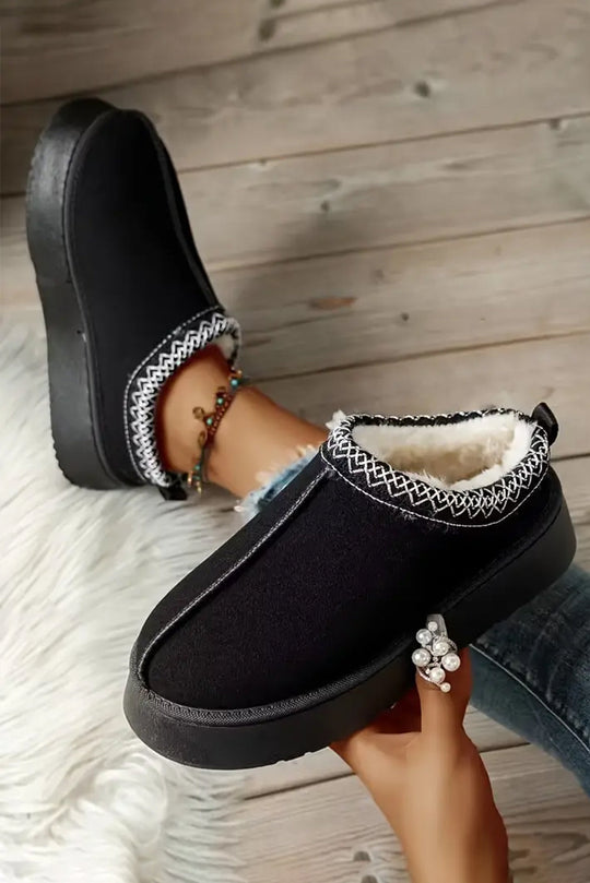 Black Suede Contrast Print Round Toe Plush Lined Flats