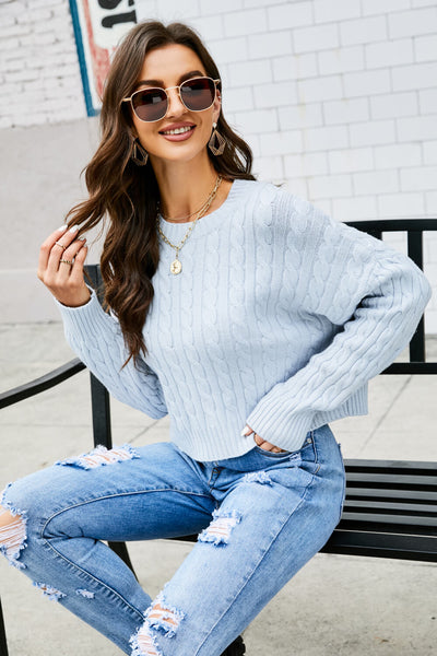 Cable-Knit Drop Shoulder Round Neck Sweater