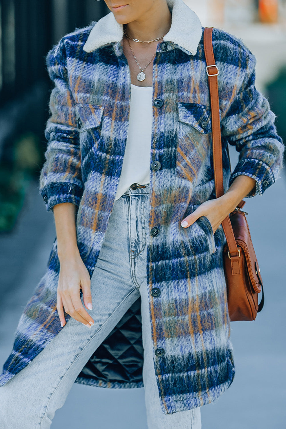 Plaid Button Front Longline Coat with Pockets