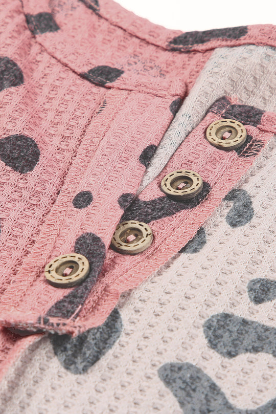 Leopard Color Block Waffle-Knit Henley Top