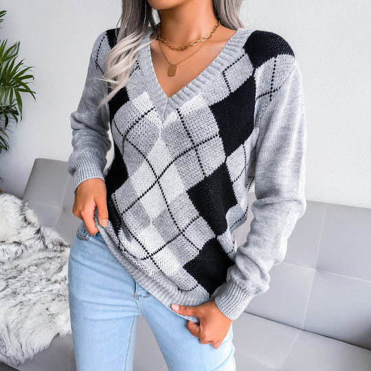 Argyle V-Neck Long Sleeve Sweater