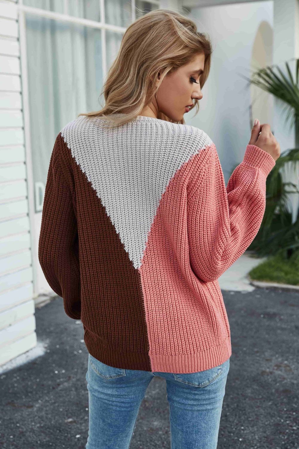 Color Block Rib-Knit Round Neck Knit Pullover
