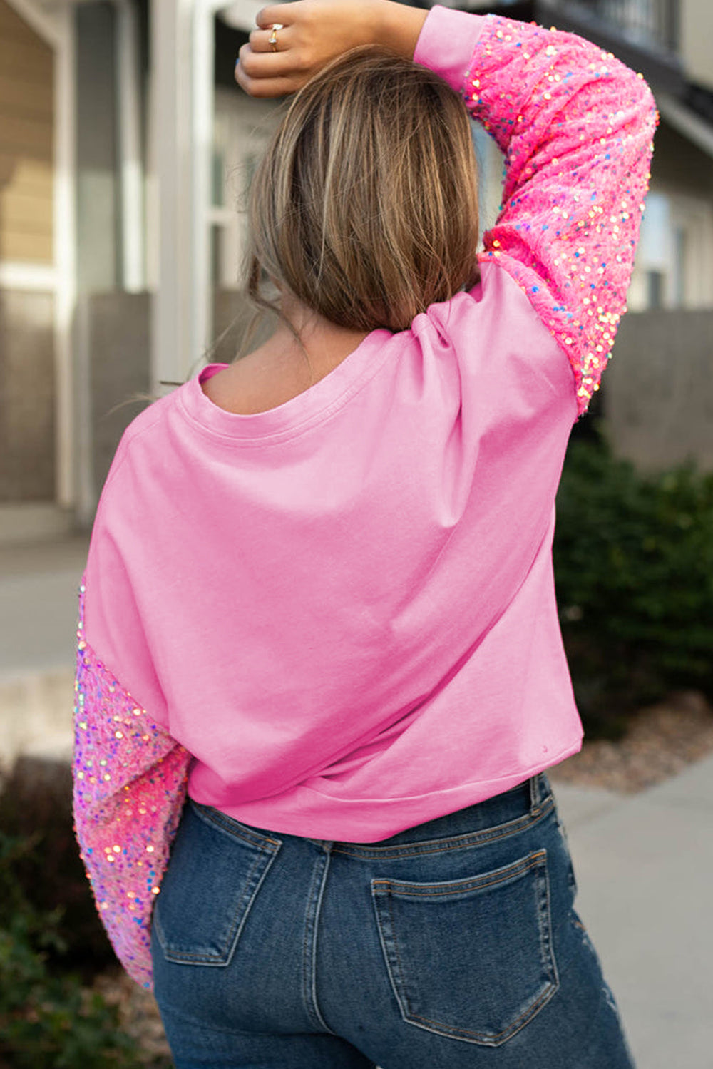 Pink Casual Round Neck Sequin Sleeve Graphic Sweatshirt